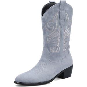 Women's Mid Calf Cowgirl Boots Suede Embroidery Low Heeled Western Boot Blue